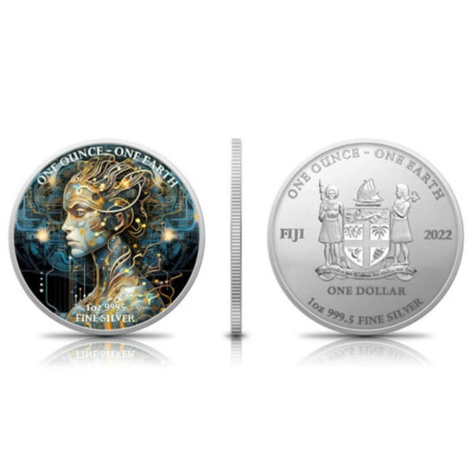 Germania Mint 2022 Earth Artificial Intelligence Glow in the Dark Silver Coin Set – featuring futuristic designs with glow-in-the-dark effects, packaged in Quadrum capsules with personalized sleeves.