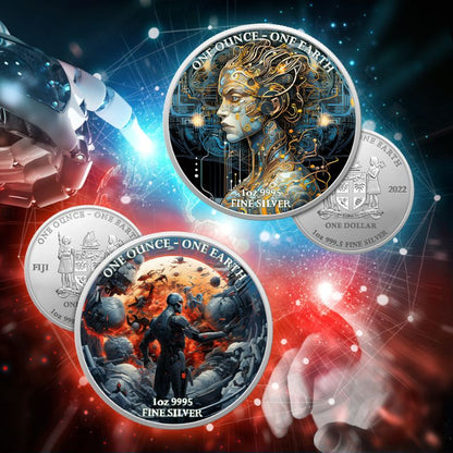 Germania Mint 2022 Earth Artificial Intelligence Glow in the Dark Silver Coin Set – featuring futuristic designs with glow-in-the-dark effects, packaged in Quadrum capsules with personalized sleeves.