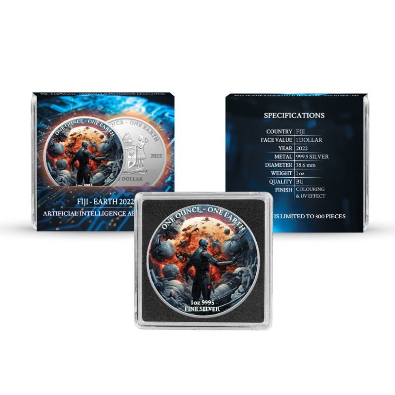 Germania Mint 2022 Earth Artificial Intelligence Glow in the Dark Silver Coin Set – featuring futuristic designs with glow-in-the-dark effects, packaged in Quadrum capsules with personalized sleeves.