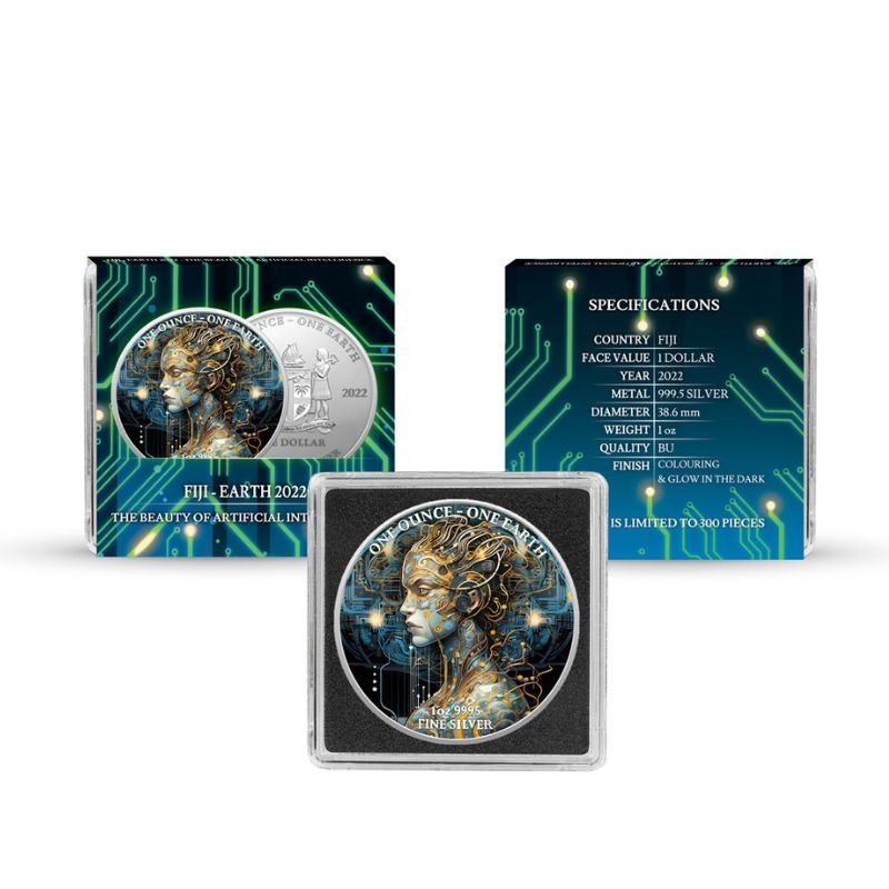 Germania Mint 2022 Earth Artificial Intelligence Glow in the Dark Silver Coin Set – featuring futuristic designs with glow-in-the-dark effects, packaged in Quadrum capsules with personalized sleeves.