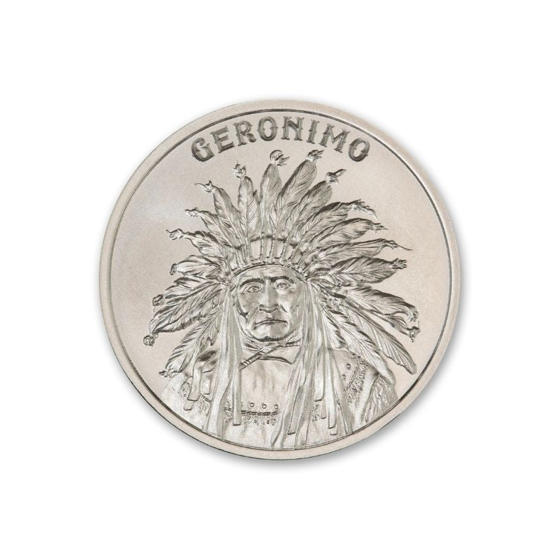 Geronimo 1 Troy Ounce 39mm Silver Round featuring a detailed depiction of Geronimo and iconic Old West imagery.