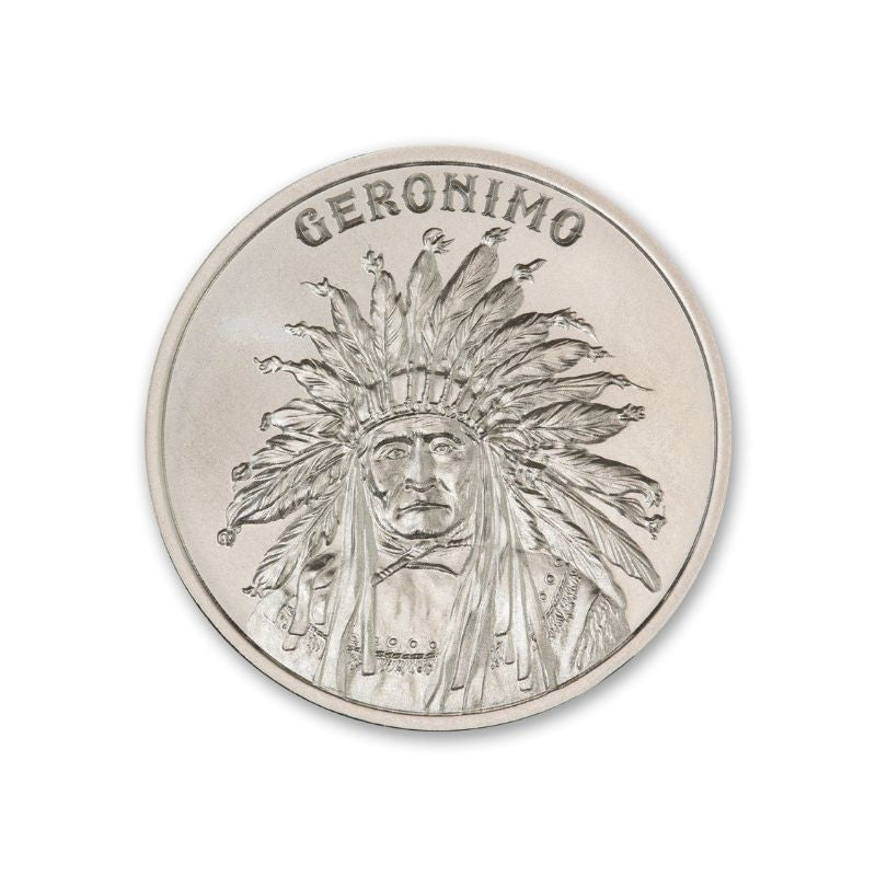 Geronimo 2 Troy Ounce 39mm Silver Round featuring a detailed depiction of Geronimo and iconic Old West imagery.