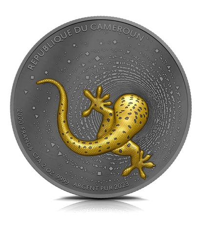 HERPETON | GECKO 2023 2 OZ 9999 SILVER COIN Ultra High Relief Dark Gold Plated