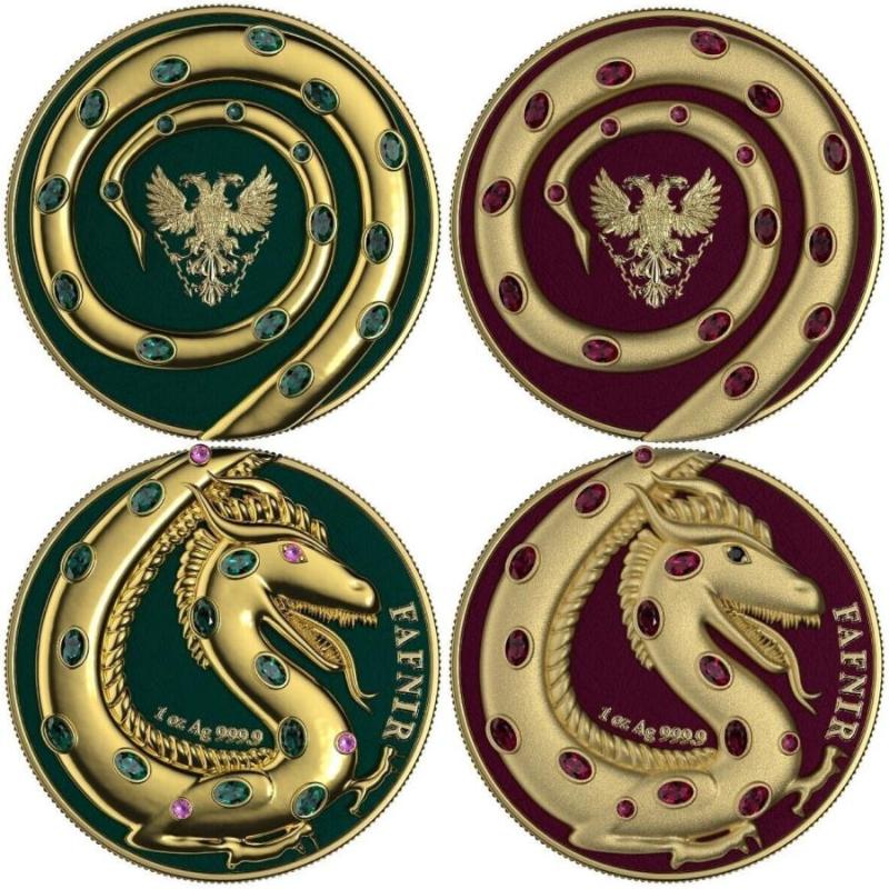 2020 Germania Fafnir Set - Gloss Gold and Gold Matte - 2 x 1 Oz Silver Coins with detailed dragon designs and unique finishes.