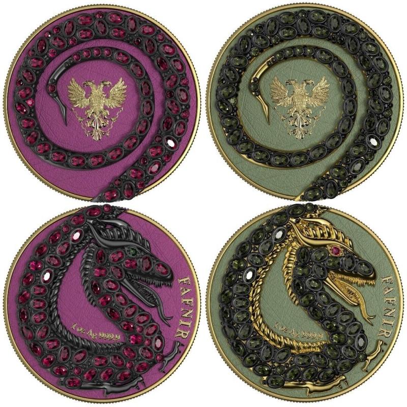 2020 Germania Fafnir Set №3 Carapace - 2 x 1 Oz Silver Coins with intricate double-sided dragon designs.