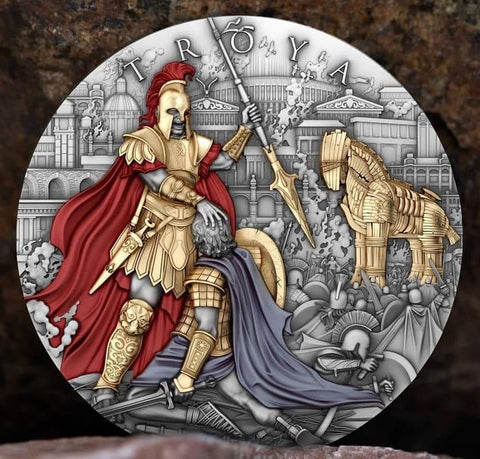 2024 NIue Troya 2oz Silver Antiqued with Selective Gold Gild & Color With Box and COA