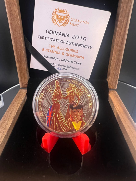 Germania 2019 5 Mark Allegories Britannia and Germania Ruthenium Glided & Color 1 Oz