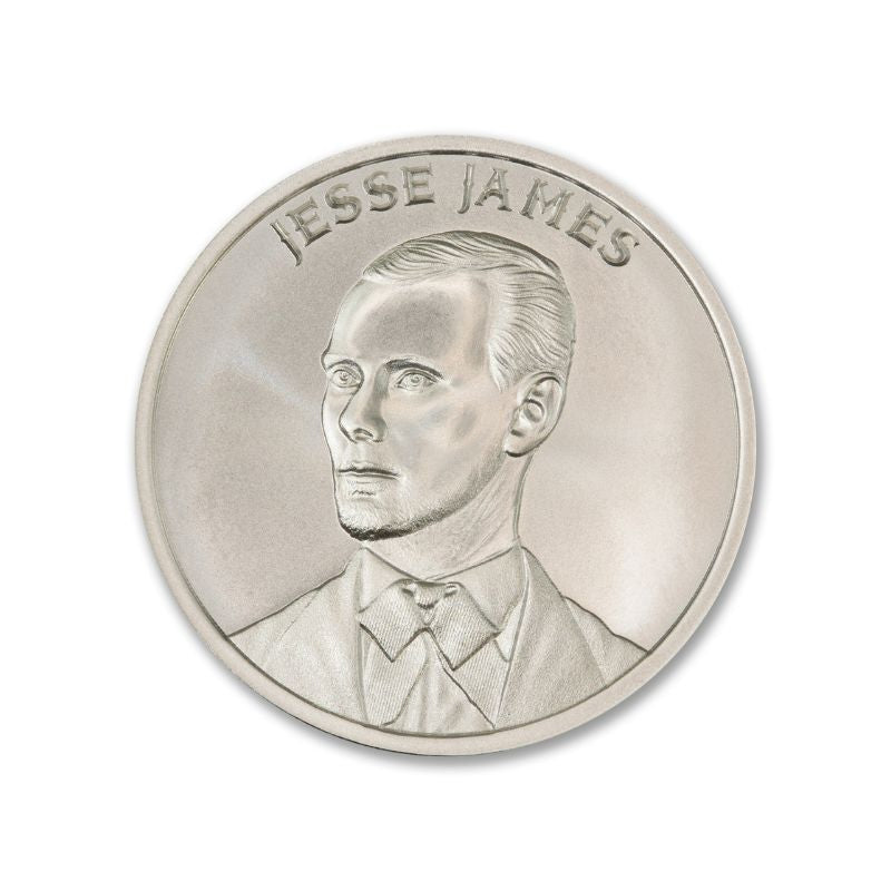 Jesse James 1 Troy Ounce 39mm Silver Round featuring a detailed depiction of Jesse James and iconic Old West imagery.