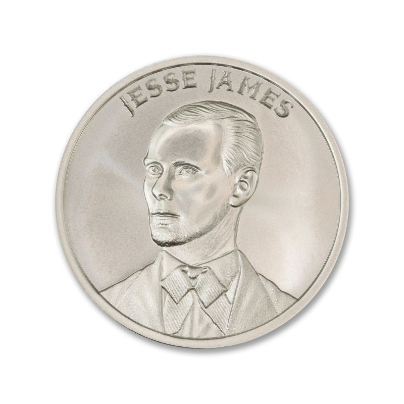 Jesse James 2 Troy Ounce 39mm Silver Round featuring a detailed depiction of Jesse James and iconic Old West imagery.