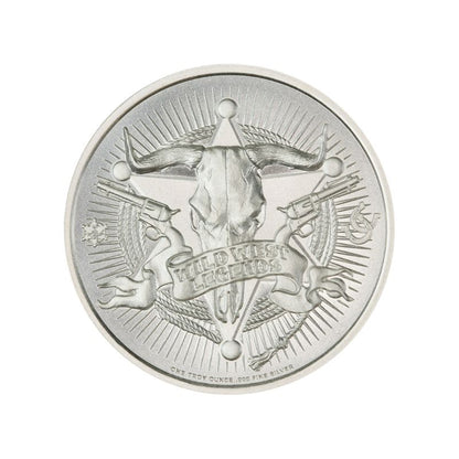 Jesse James 2 Troy Ounce 39mm Silver Round featuring a detailed depiction of Jesse James and iconic Old West imagery.