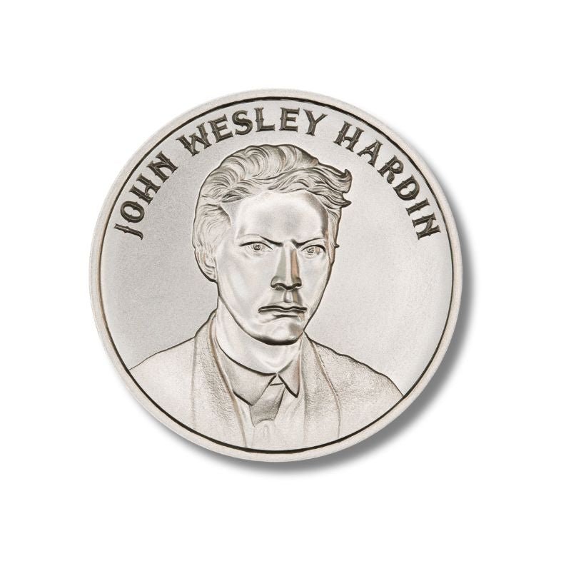 John Wesley Hardin 1 Troy Ounce 39mm Silver Round featuring a detailed depiction of John Wesley Hardin and iconic Old West imagery.