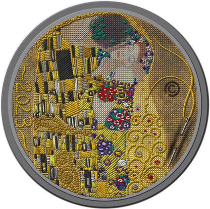 KISS Gustav Klimt Fine Embroidery Art 3 Oz Silver Coin 20$ Palau 2023