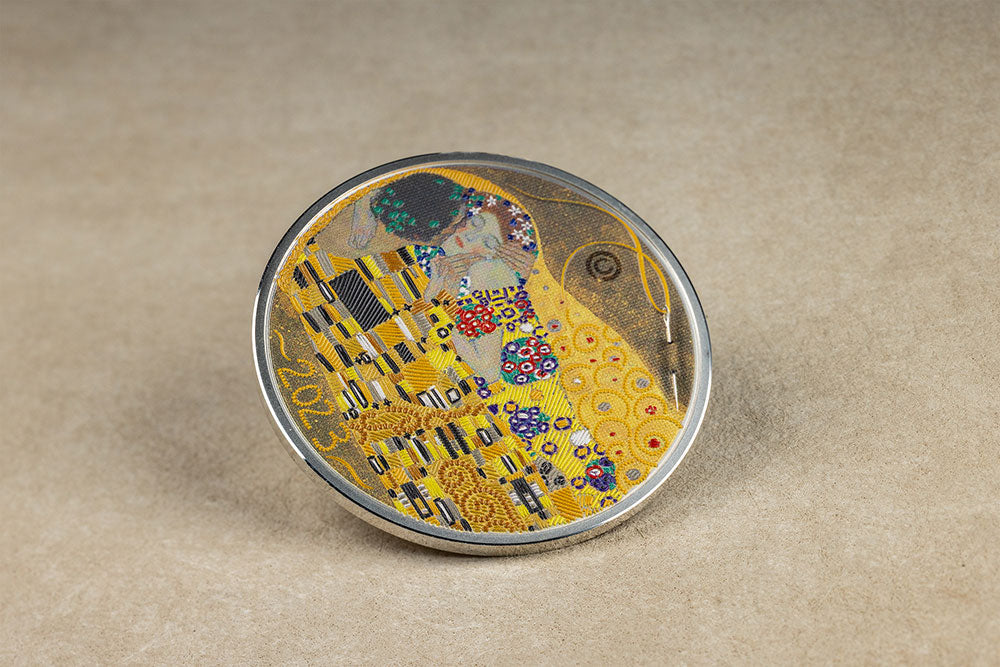 * KISS Gustav Klimt Fine Embroidery Art 3 Oz Silver Coin 20$ Palau 2023