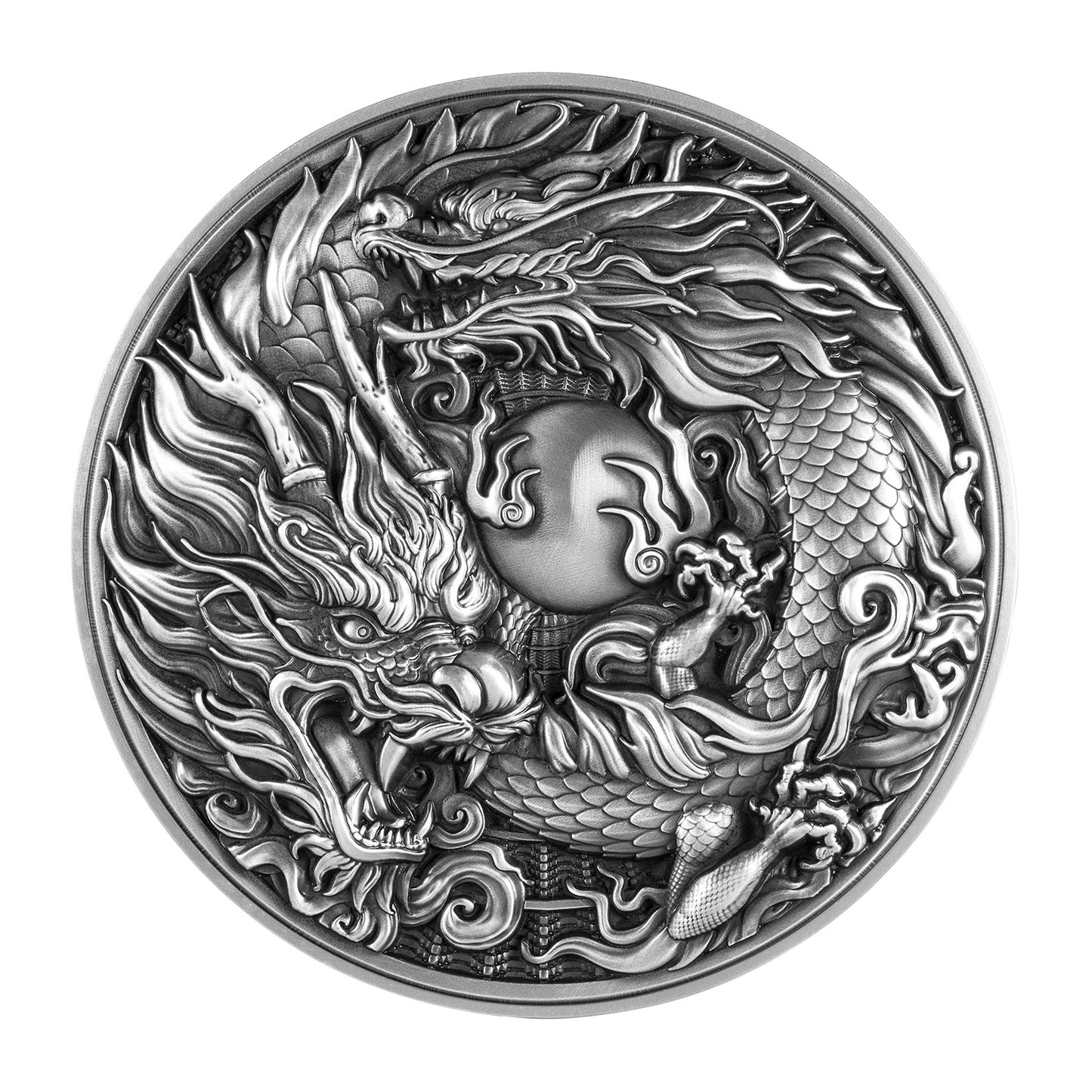2024 Cameroon Chinese Dragon & Dragon 2oz  .999 Silver Coin Antiqued Finished