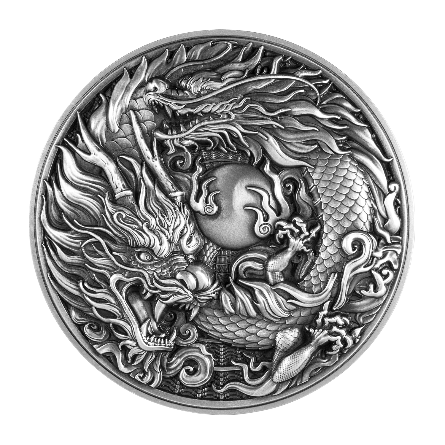 2024 Cameroon Chinese Dragon & Dragon 2oz  .999 Silver Coin Antiqued Finished