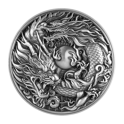 2024 Cameroon Chinese Dragon & Dragon 2oz  .999 Silver Coin Antiqued Finished