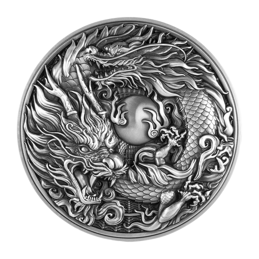 2024 Cameroon Chinese Dragon & Dragon 2oz  .999 Silver Coin Antiqued Finished