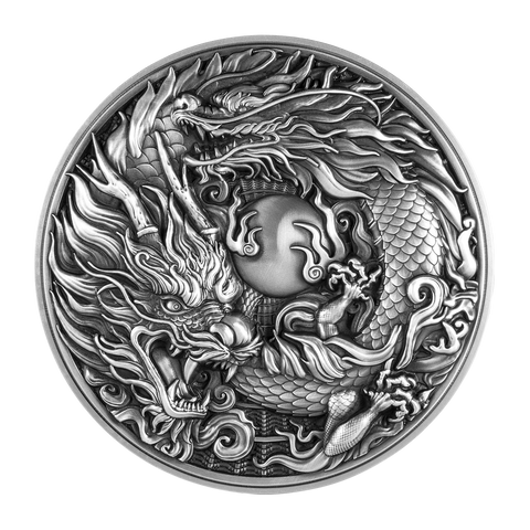 2024 Cameroon Chinese Dragon & Dragon 2oz  .999 Silver Coin Antiqued Finished