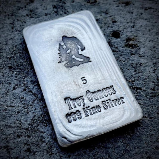 NVP North View Products Bigfoot 5 oz Hand Poured Silver Bar featuring intricate Bigfoot design and artisanal craftsmanship.