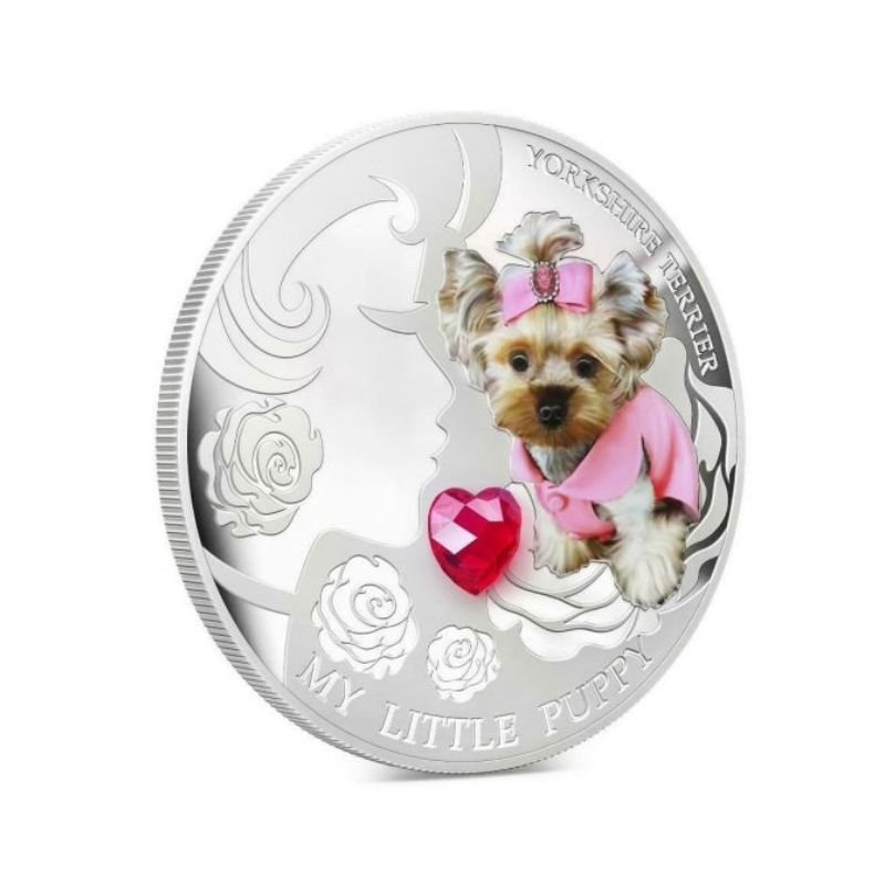 Fiji 2013 $2 Yorkshire Terrier "My Little Puppy" 1 Oz Proof Silver Coin featuring a lifelike depiction of a Yorkshire Terrier puppy.