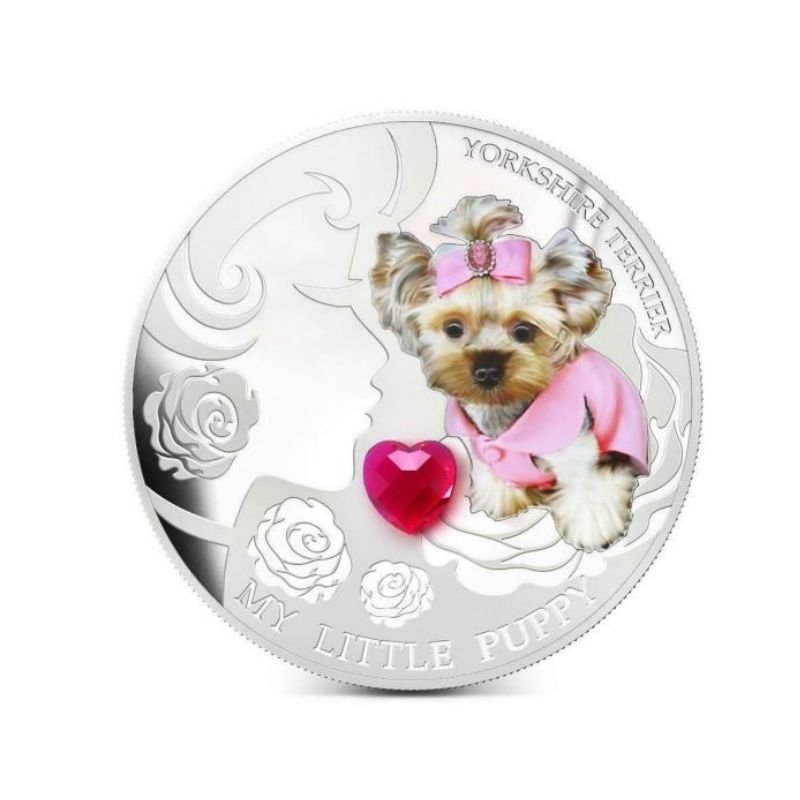 Fiji 2013 $2 Yorkshire Terrier "My Little Puppy" 1 Oz Proof Silver Coin featuring a lifelike depiction of a Yorkshire Terrier puppy.