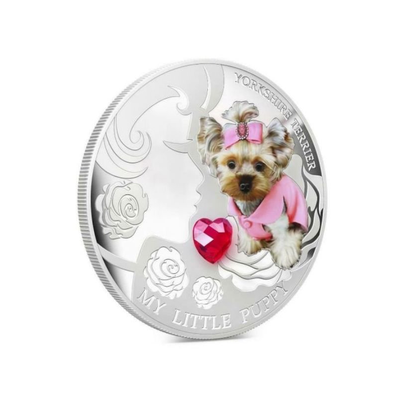 Fiji 2013 $2 Yorkshire Terrier "My Little Puppy" 1 Oz Proof Silver Coin featuring a lifelike depiction of a Yorkshire Terrier puppy.