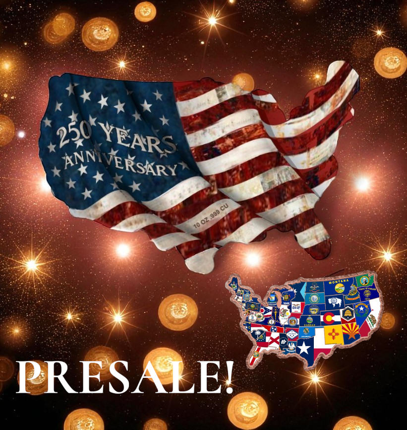 2026 10oz .999 Colorized Copper USA Shaped 250 year Anniversary Bar