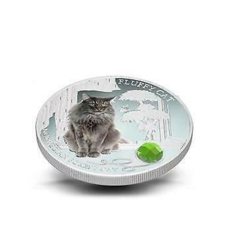Pamp Fiji 2014 $2 Dogs & Cats Norwegian Forest Cat 1 Oz Silver Coin featuring an elegant engraving of the Norwegian Forest Cat.