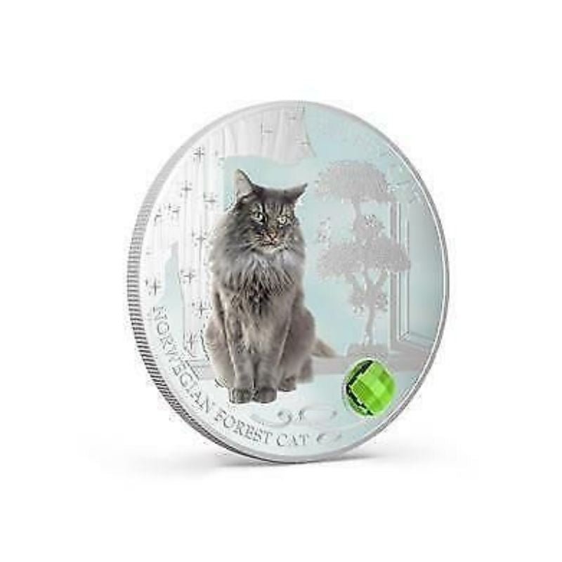 Pamp Fiji 2014 $2 Dogs & Cats Norwegian Forest Cat 1 Oz Silver Coin featuring an elegant engraving of the Norwegian Forest Cat.