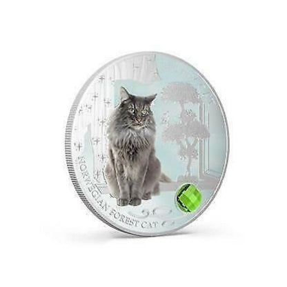 Pamp Fiji 2014 $2 Dogs & Cats Norwegian Forest Cat 1 Oz Silver Coin featuring an elegant engraving of the Norwegian Forest Cat.