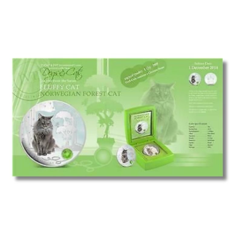 Pamp Fiji 2014 $2 Dogs & Cats Norwegian Forest Cat 1 Oz Silver Coin featuring an elegant engraving of the Norwegian Forest Cat.
