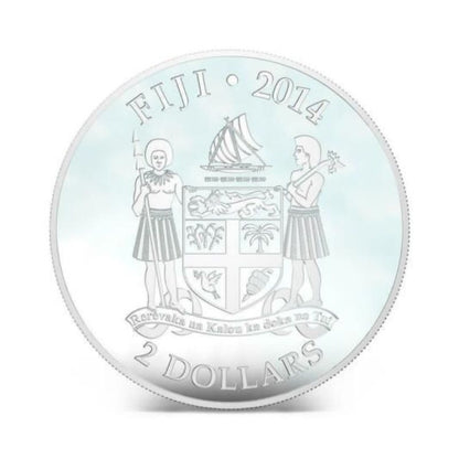 Pamp Fiji 2014 $2 Dogs & Cats Norwegian Forest Cat 1 Oz Silver Coin featuring an elegant engraving of the Norwegian Forest Cat.