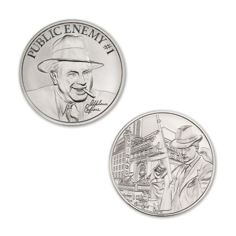 Public Enemy No. 1 Alphonse Capone 1 Troy Ounce 39mm Silver Round featuring a detailed depiction of Al Capone and iconic gangster imagery.