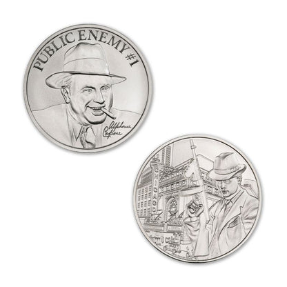 Public Enemy No. 1 Alphonse Capone 1 Troy Ounce 39mm Silver Round featuring a detailed depiction of Al Capone and iconic gangster imagery.