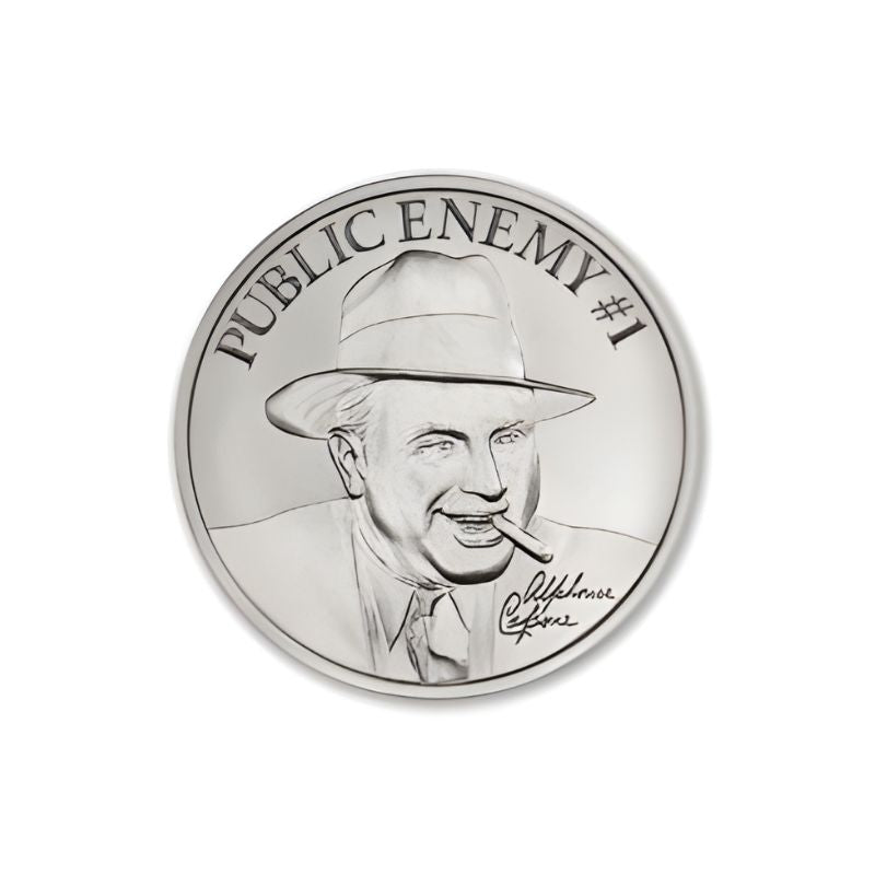 Public Enemy No. 1 Alphonse Capone 1 Troy Ounce 39mm Silver Round featuring a detailed depiction of Al Capone and iconic gangster imagery.