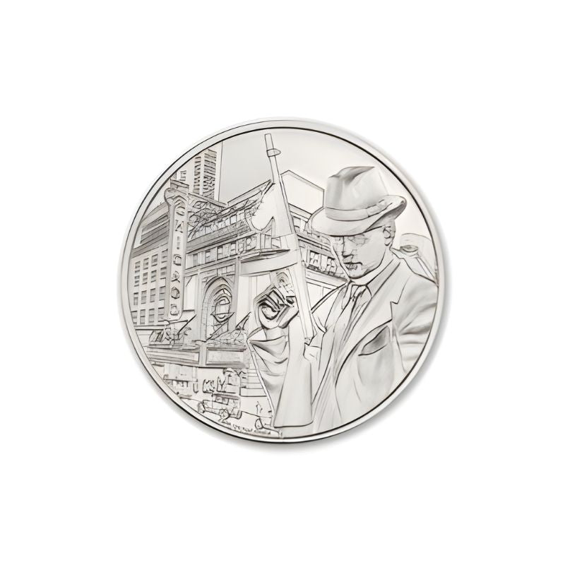 Public Enemy No. 1 Alphonse Capone 1 Troy Ounce 39mm Silver Round featuring a detailed depiction of Al Capone and iconic gangster imagery.