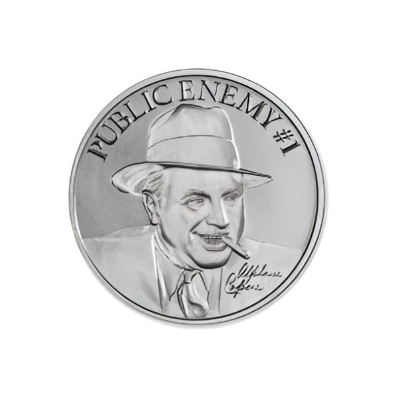 Public Enemy No. 1 Alphonse Capone 2 Troy Ounce 39mm Silver Round featuring a detailed depiction of Al Capone and iconic gangster imagery.