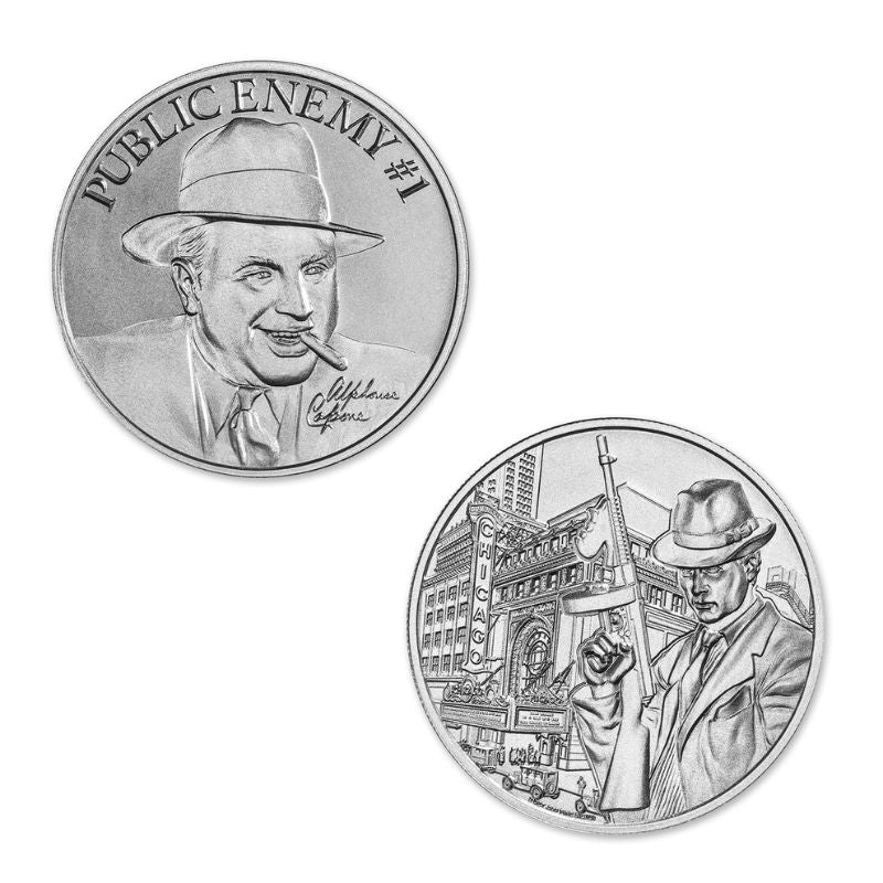 Public Enemy No. 1 Alphonse Capone 2 Troy Ounce 39mm Silver Round featuring a detailed depiction of Al Capone and iconic gangster imagery.