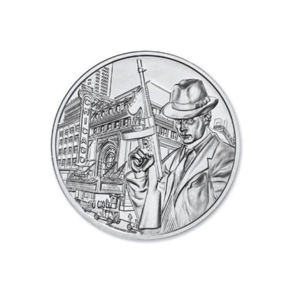 Public Enemy No. 1 Alphonse Capone 2 Troy Ounce 39mm Silver Round featuring a detailed depiction of Al Capone and iconic gangster imagery.