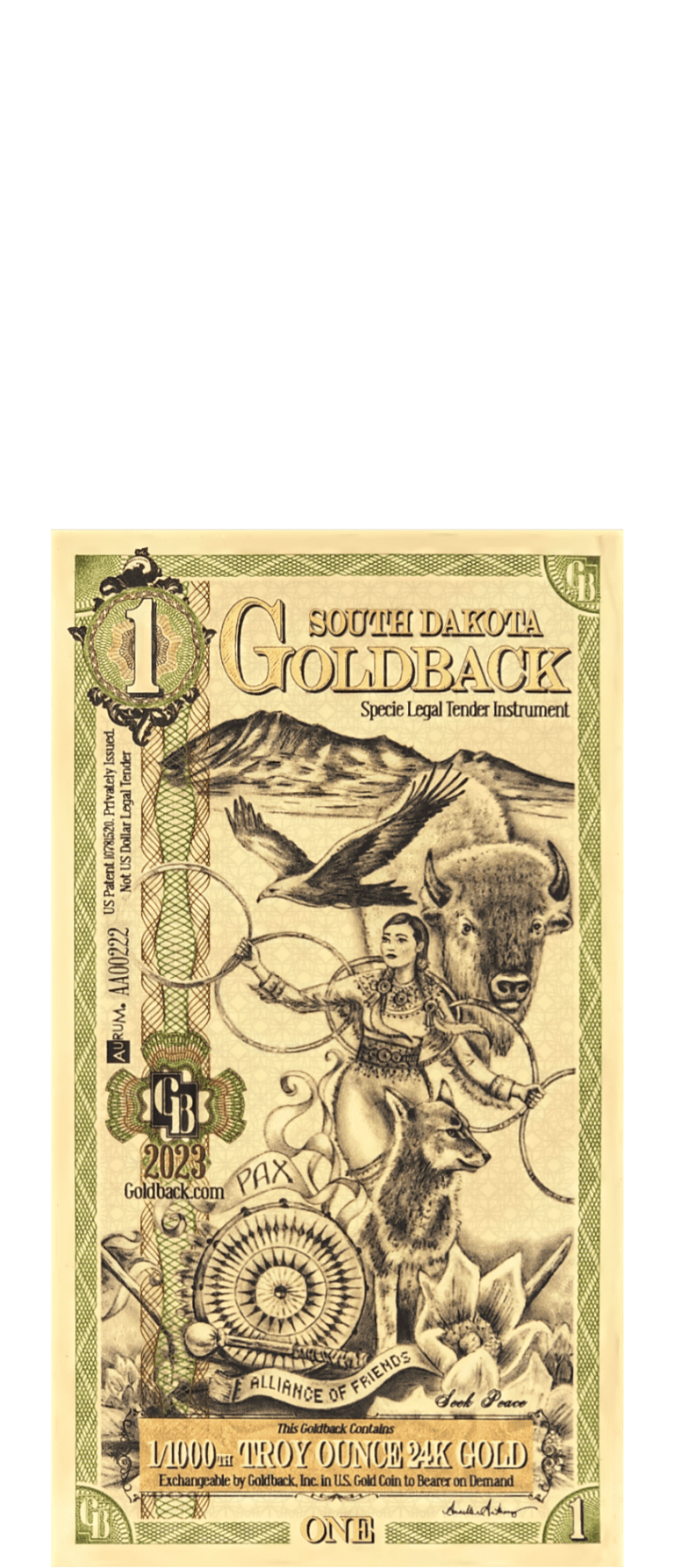 2024 South Dakota Goldback Foil Note 1 Dollar .999 Gold