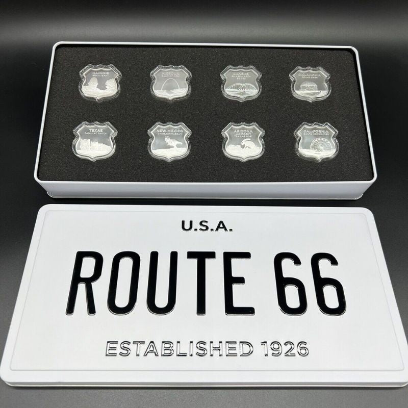 Set of 8 Route 66 Silver Shields in 1 oz .999 fine silver, displayed in a custom tin gift box.