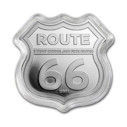 Set of 8 Route 66 Silver Shields in 1 oz .999 fine silver, displayed in a custom tin gift box.