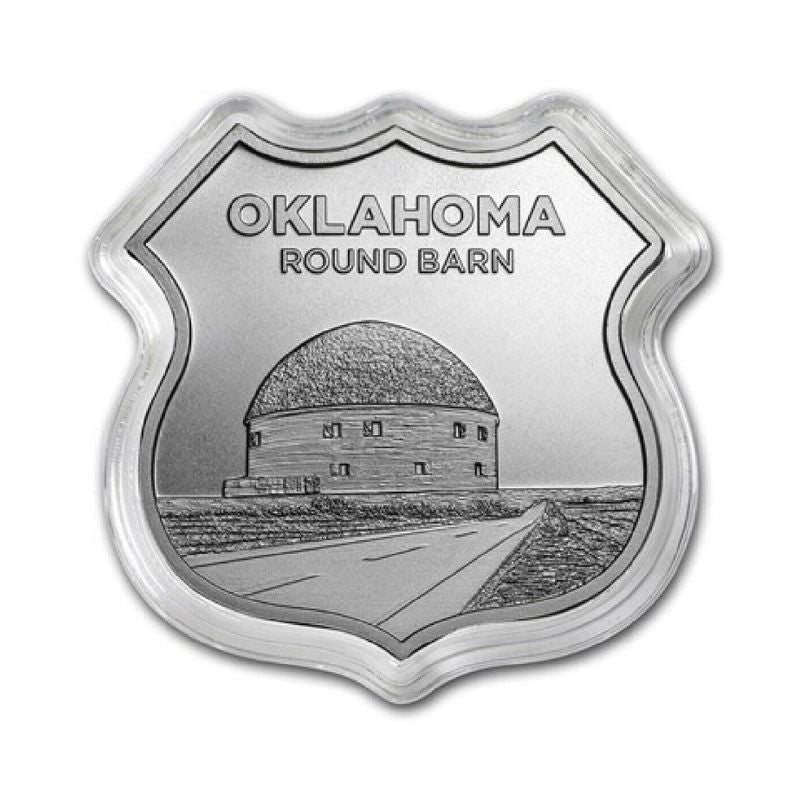 Set of 8 Route 66 Silver Shields in 1 oz .999 fine silver, displayed in a custom tin gift box.