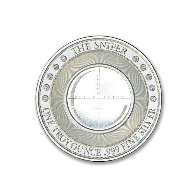 Buy the Sniper 1 Troy Ounce 39mm Silver Round - Limited edition, .999 fine silver. Encased in a Coinsafe capsule, featuring a sniper and detailed scope design. Secure this collectible now!