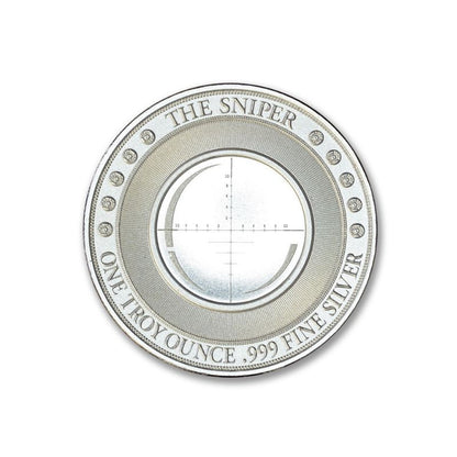 Buy the Sniper 1 Troy Ounce 39mm Silver Round - Limited edition, .999 fine silver. Encased in a Coinsafe capsule, featuring a sniper and detailed scope design. Secure this collectible now!