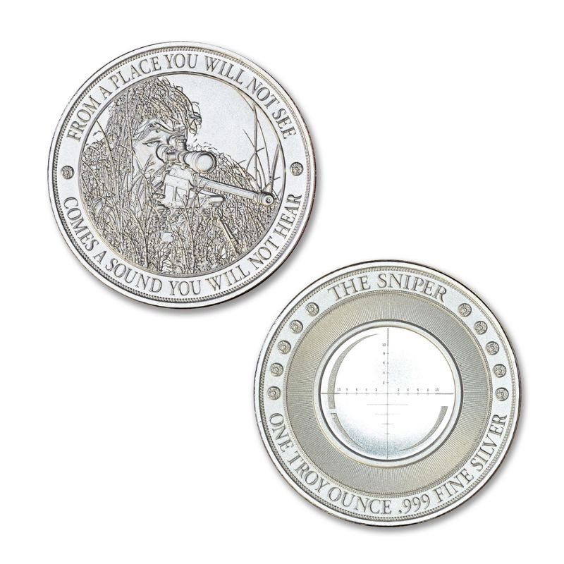 Buy the Sniper 1 Troy Ounce 39mm Silver Round - Limited edition, .999 fine silver. Encased in a Coinsafe capsule, featuring a sniper and detailed scope design. Secure this collectible now!