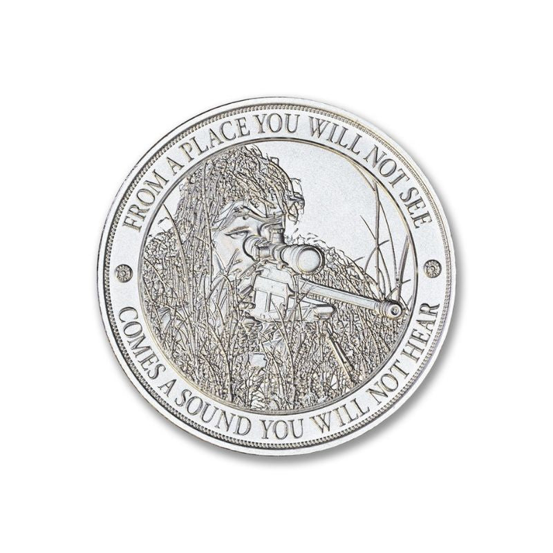 Buy the Sniper 1 Troy Ounce 39mm Silver Round - Limited edition, .999 fine silver. Encased in a Coinsafe capsule, featuring a sniper and detailed scope design. Secure this collectible now!