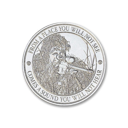 Buy the Sniper 1 Troy Ounce 39mm Silver Round - Limited edition, .999 fine silver. Encased in a Coinsafe capsule, featuring a sniper and detailed scope design. Secure this collectible now!