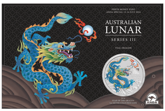 2024 Australia Lunar Year of the Teal Dragon Carded 1oz .999 Silver Coin