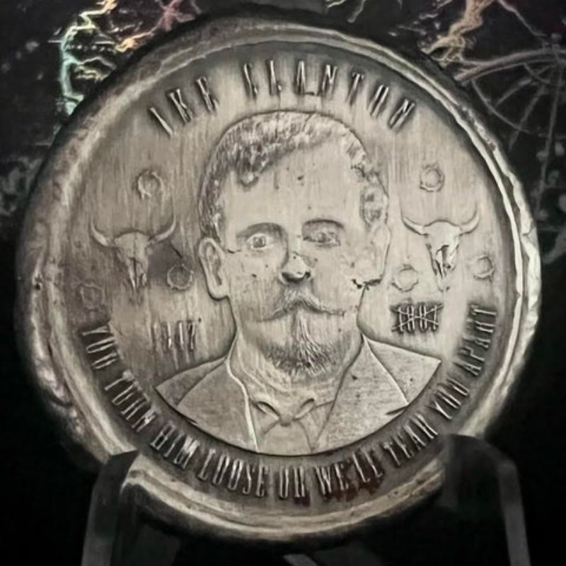 The Locker Mint Ike Clanton Silver Round – 2 oz .999 fine silver, hand-poured and detailed, celebrating a Wild West icon.